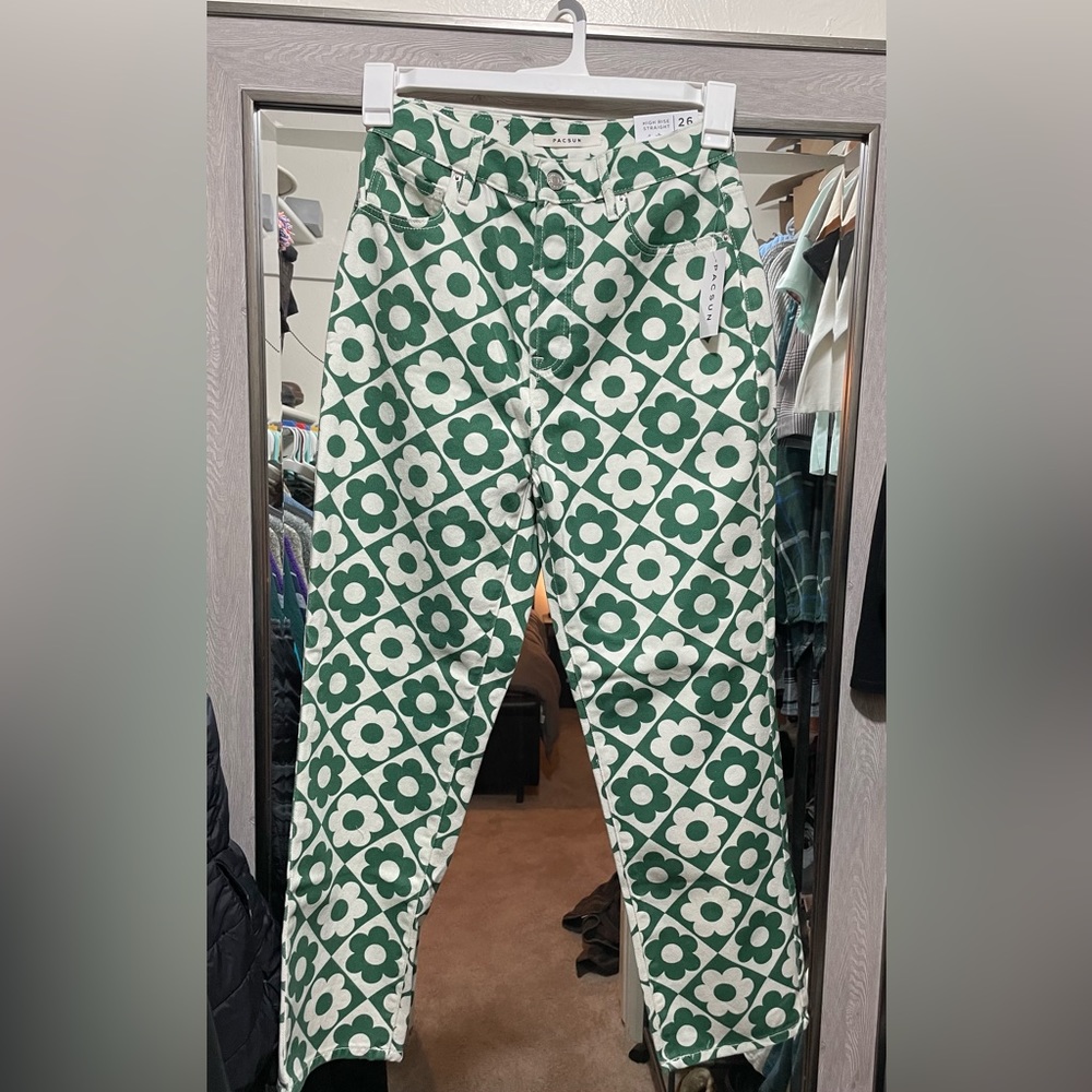 PacSun Green & White Daisy High Waisted Straight Leg Jeans